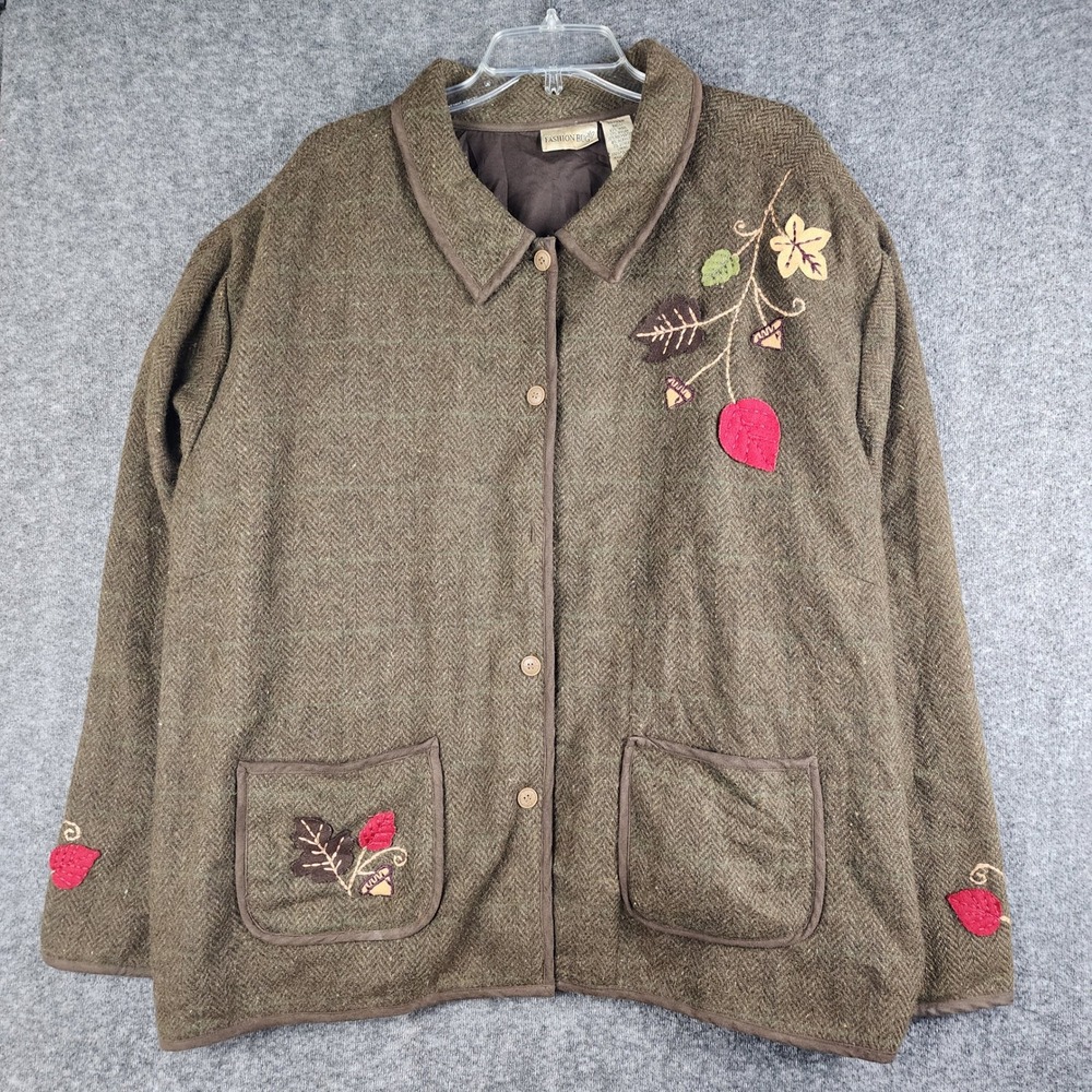 Fashion Bug Jacket Women 30/32W Brown Wool Herringbone‎ Embroidered Leaf Fall